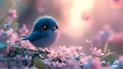 Blue bird perched on flowering branch with soft luminous background