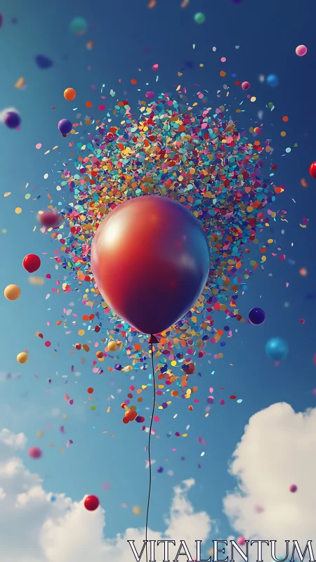 Red gradient balloon exploding into multicolored confetti particles against blue sky