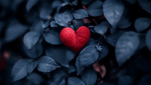 Red Heart-Shaped Leaf Among Dark Blue Foliage.