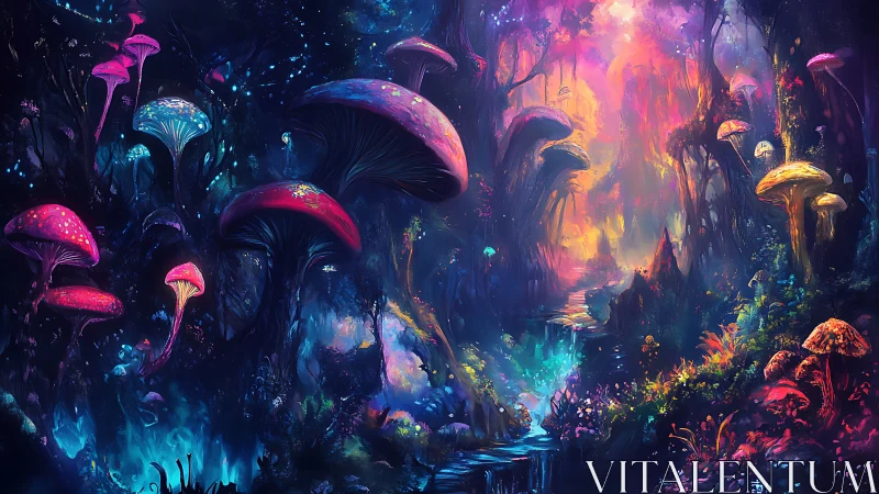 Luminous fantasy forest of towering neon mushrooms at dusk.
