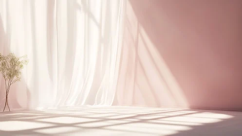 Soft daylight on sheer curtains and pale pink interior wall.
