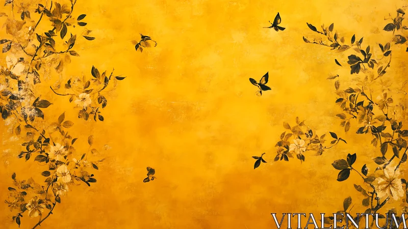 Floral branches and butterflies on textured yellow field.