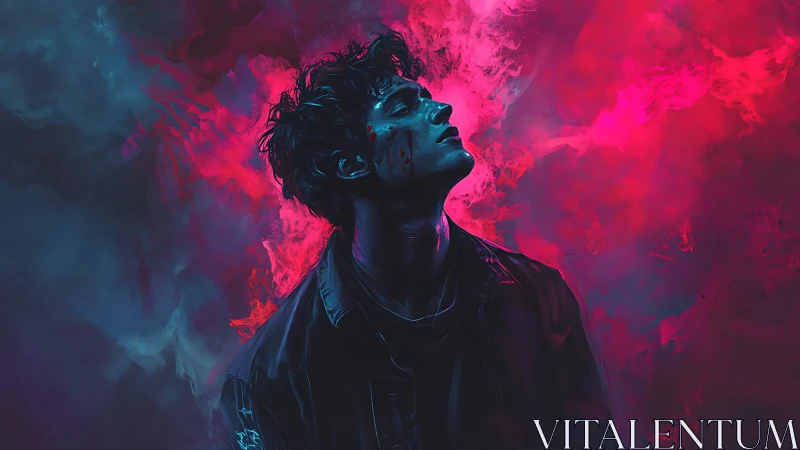 Neon storm of self-reflection around a midnight wanderer.