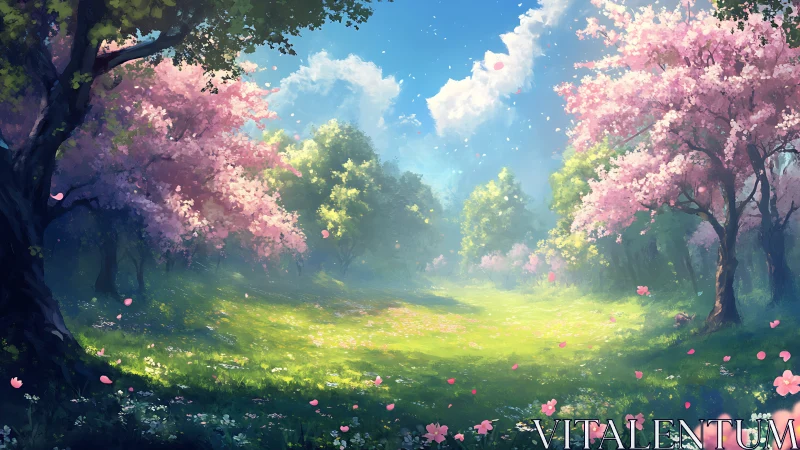 Spring meadow opens between flowering trees under clear sky