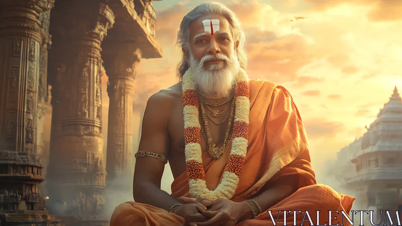 Hindu sage meditates before ancient temple at sunrise.