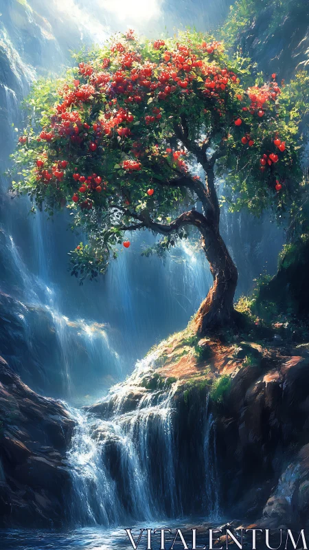 Sunlit fruit tree cradled by cascading blue waterfalls.