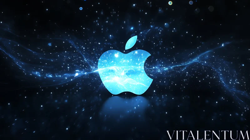 Glowing blue apple emblem amid swirling cosmic particles.