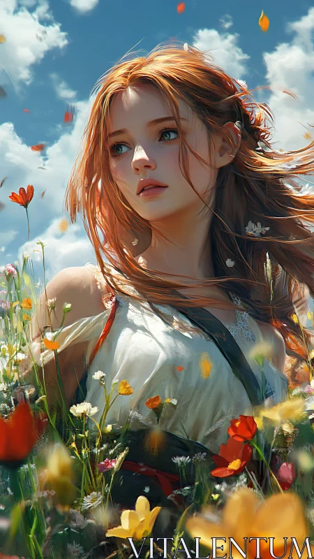 Wind-swept redhead gazes across a sunlit wildflower field.