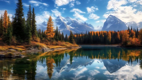 Alpine lake reflection with autumn conifers and snow peaks.