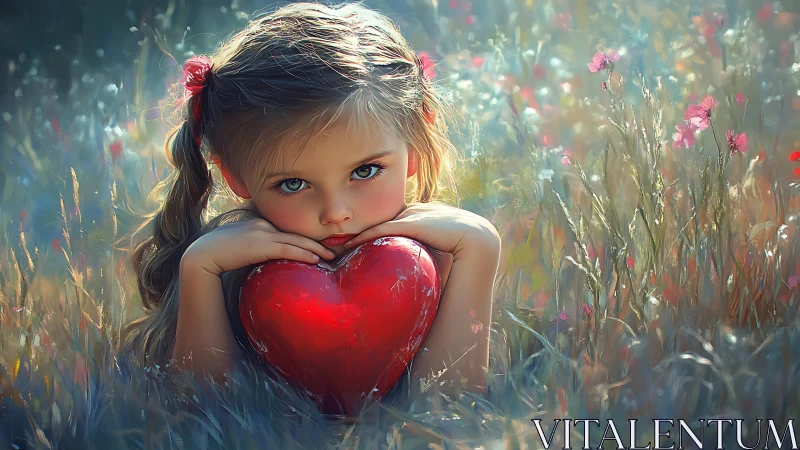 Young Girl Holding Glowing Heart in Enchanted Wildflower Meadow.
