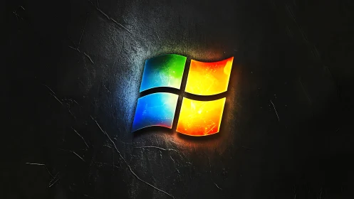 Glowing window logo gently brightens a textured dark wall