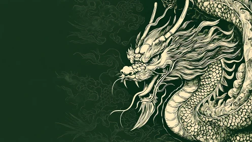 Intricate line-art dragon head with coiled scaled body on dark field