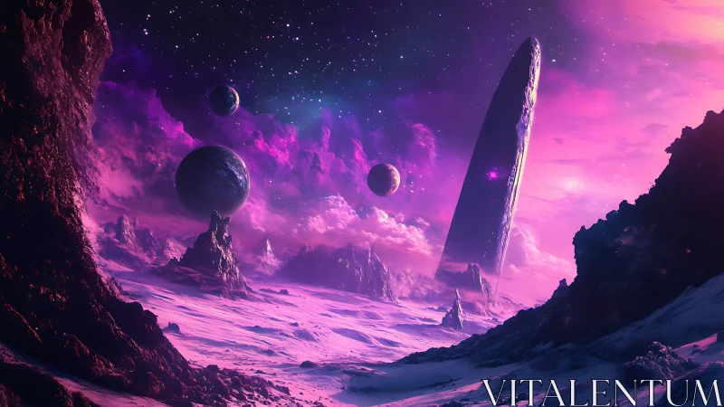 Alien landscape shows ringed obelisk and multiple planets