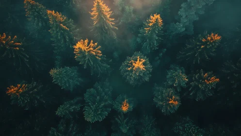 Overhead view records conifer canopy with localized warm light