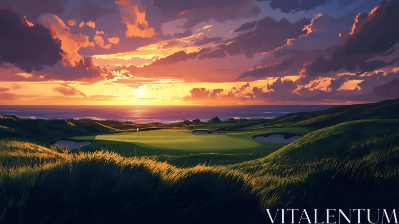 Sunset calm over oceanfront golf green and rolling dunes.