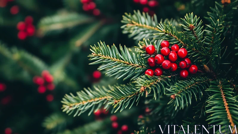 Photorealistic evergreen sprig with clustered red berries microfocus.