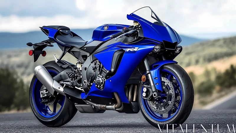 Blue sport motorcycle on open road with distant hills.