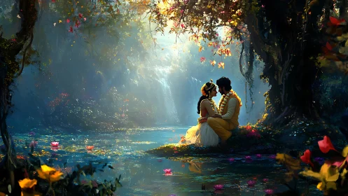 Magical Riverside Embrace in Mystical Garden Setting.