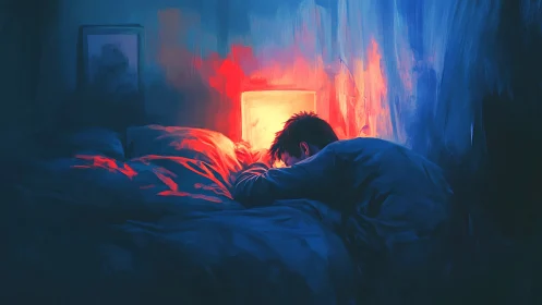 Solitary figure on bed lit by vivid window glow.