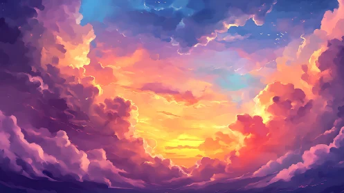 Digital painting sunset sky with luminous cloud architecture.