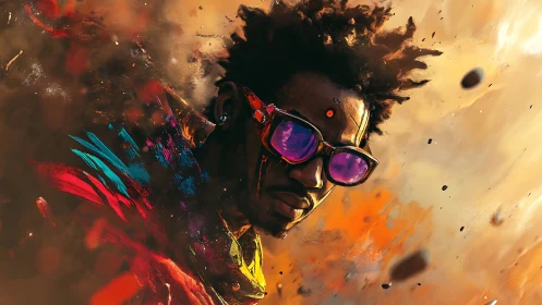 Cyberpunk portrait of man in neon glasses and swirling dust.