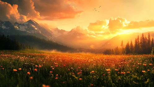 Sunset over alpine meadow with wildflowers and mountains.