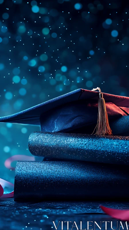 Cap and scrolls glowing under dreamy blue celebration sky.