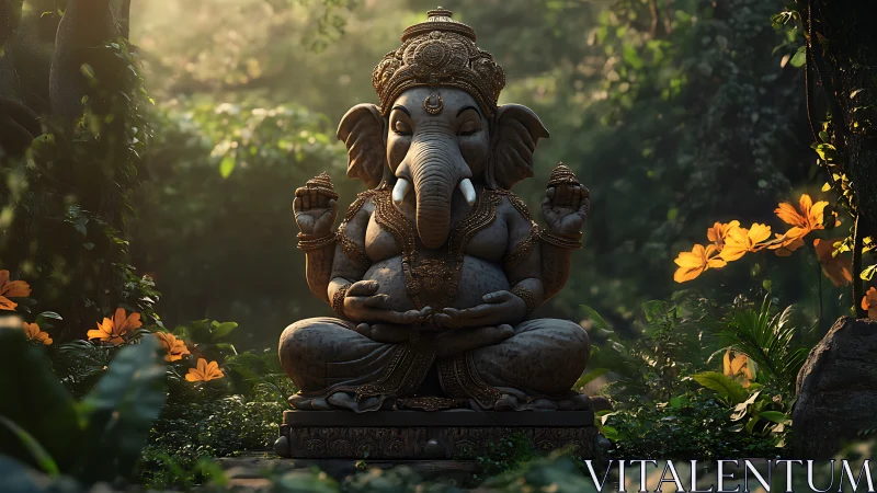 Stone Ganesha sculpture in dense forest clearing at dawn.