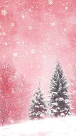 Soft pink winter snowfall wraps quiet pines in gentle magic
