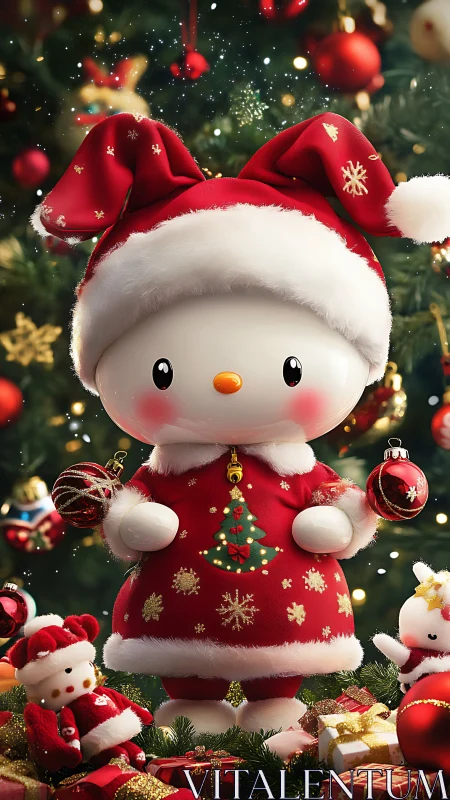 Cartoon snowman figure in red Christmas outfit holding baubles.