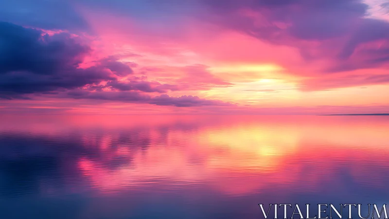 Pink and purple sunset sky mirrored on calm sea surface.