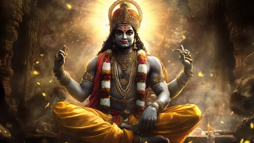 Radiant blue-skinned deity in lotus pose with dramatic volumetric lighting