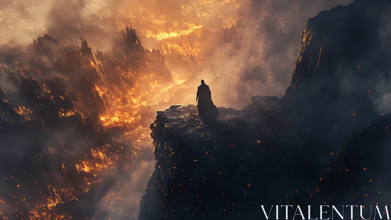 Cloaked figure overlooks volcanic abyss in cinematic inferno.