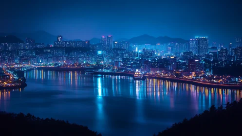Neon-lit riverside metropolis renders layered nocturnal skyline