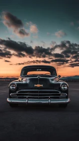 Sunset-lit vintage Chevrolet framed by dramatic clouds.