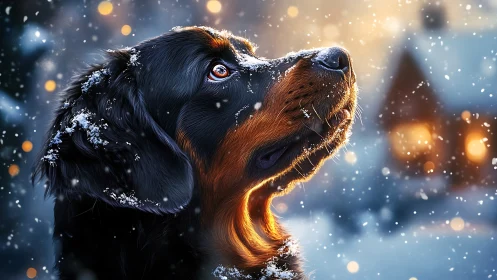 Close-up digital portrait of dog in snowy winter setting.