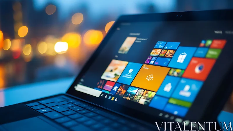 High-contrast angled view of Windows tablet UI under low-light bokeh