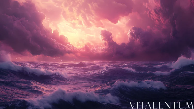 Vivid pink storm clouds above turbulent digital seascape.