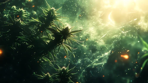 Starlit cosmic cannabis garden drifting toward auroras.