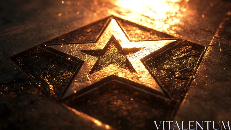 Incised metal star emblem under cinematic molten backlight
