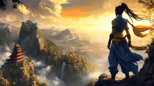 Warrior overlooks mountain temples in glowing sunset valley