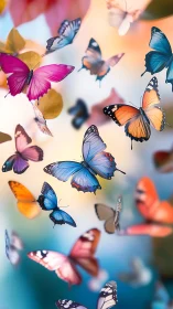 Colorful butterflies drifting through a dreamy garden sky.