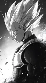 Spiky haired anime warrior stands in profile under debris