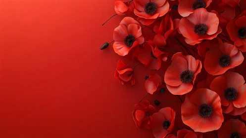Red poppies arranged against gradient background demonstrate volumetric rendering technique.