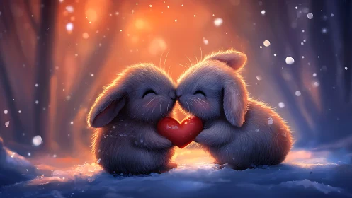 Two fluffy bunnies share a glowing heart in snowy forest