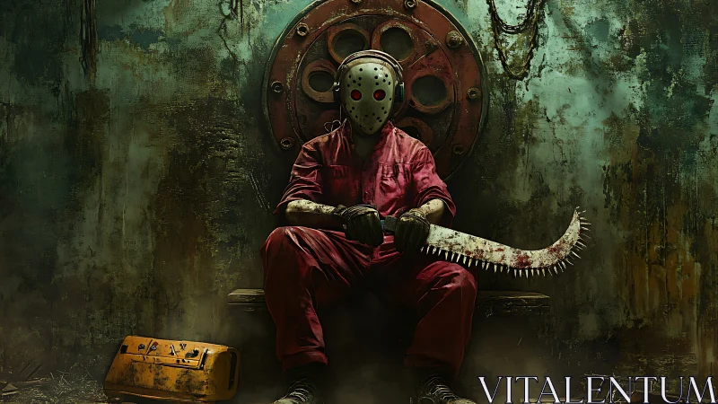Masked slasher on industrial throne with bloodstained serrated blade