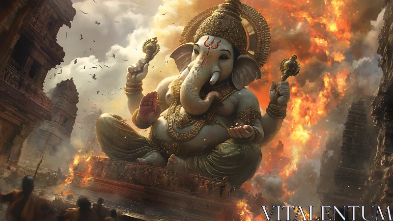 Elephant-headed deity statue amid burning temple complex.