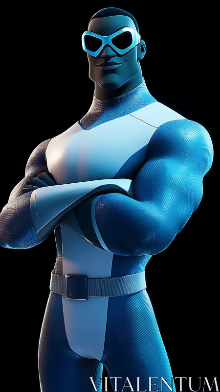 Confident blue-clad superhero posing with cool white shades.