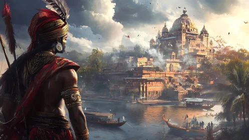 Armored river sentinel surveying monumental temple citadel.