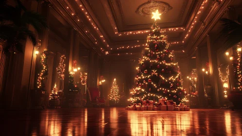 Grand hall illumination with symmetrically staged Christmas tree.